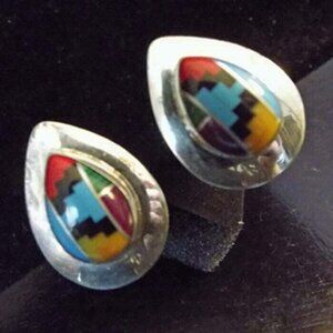 ZUNI NATIVE AMERICAN COLORFUL STONE INLAY STERLING TEARDROPS CLIP EARRINGS 67